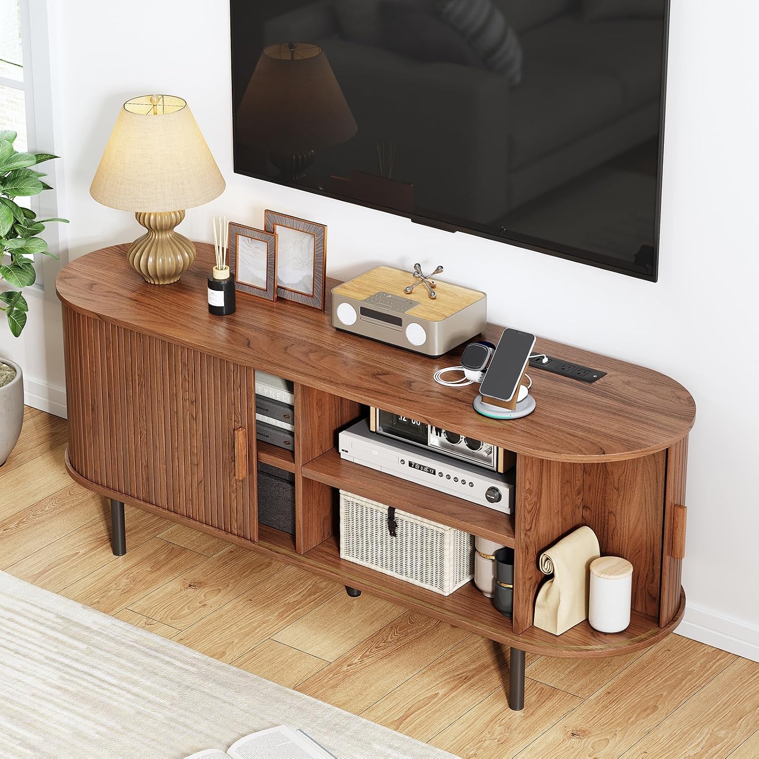55' TV Stand with Power Outlet, Mid-Century Modern Television Stand, Fluted Media Console with Sliding Doors, Entertainment Center for TVs up to 60 Inch, Adjustable Shelves, Walnut