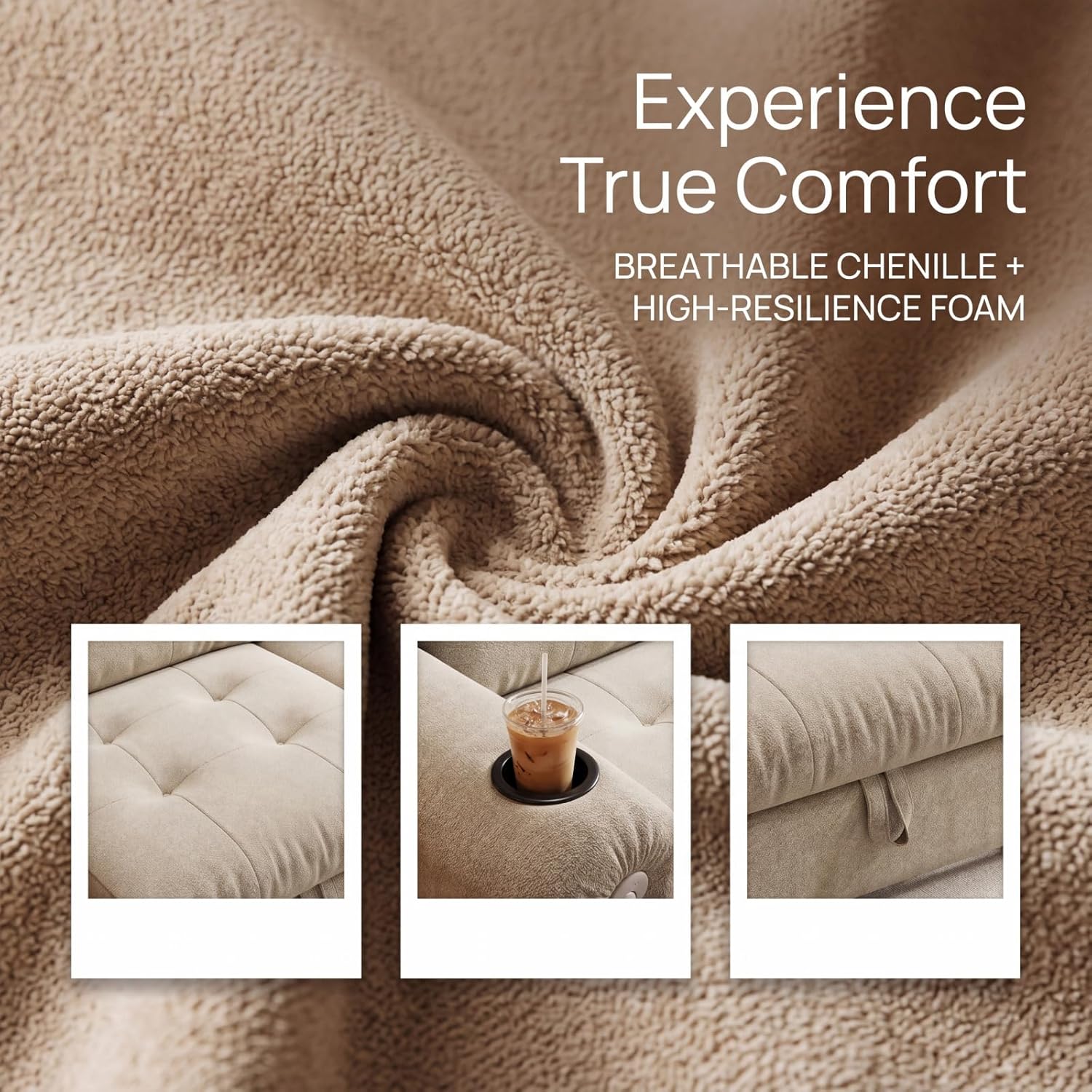 Convertible Couches, Queen Size Pull Out Sofa Bed with USB Charging Port and Cup Holders, Plannelette Fabric Convertible Sofa Bed for Small Space, Living Room, Apartment, Guest Room, Beige
