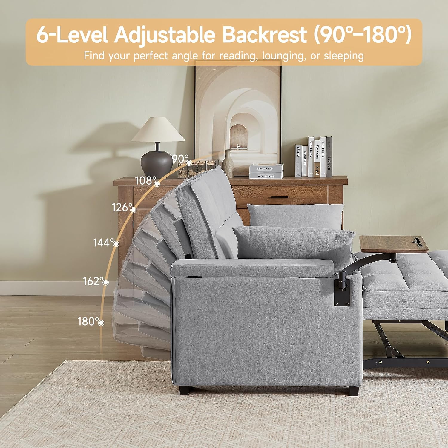hansones 66' Multi-Functional Pull-Out Sofa Bed with Hidden Side Table, Storage Armrests, Built-in Charging Port, Spring Mattress, Solid Wood Frame – Ideal for Small Spaces, Easy Assembly