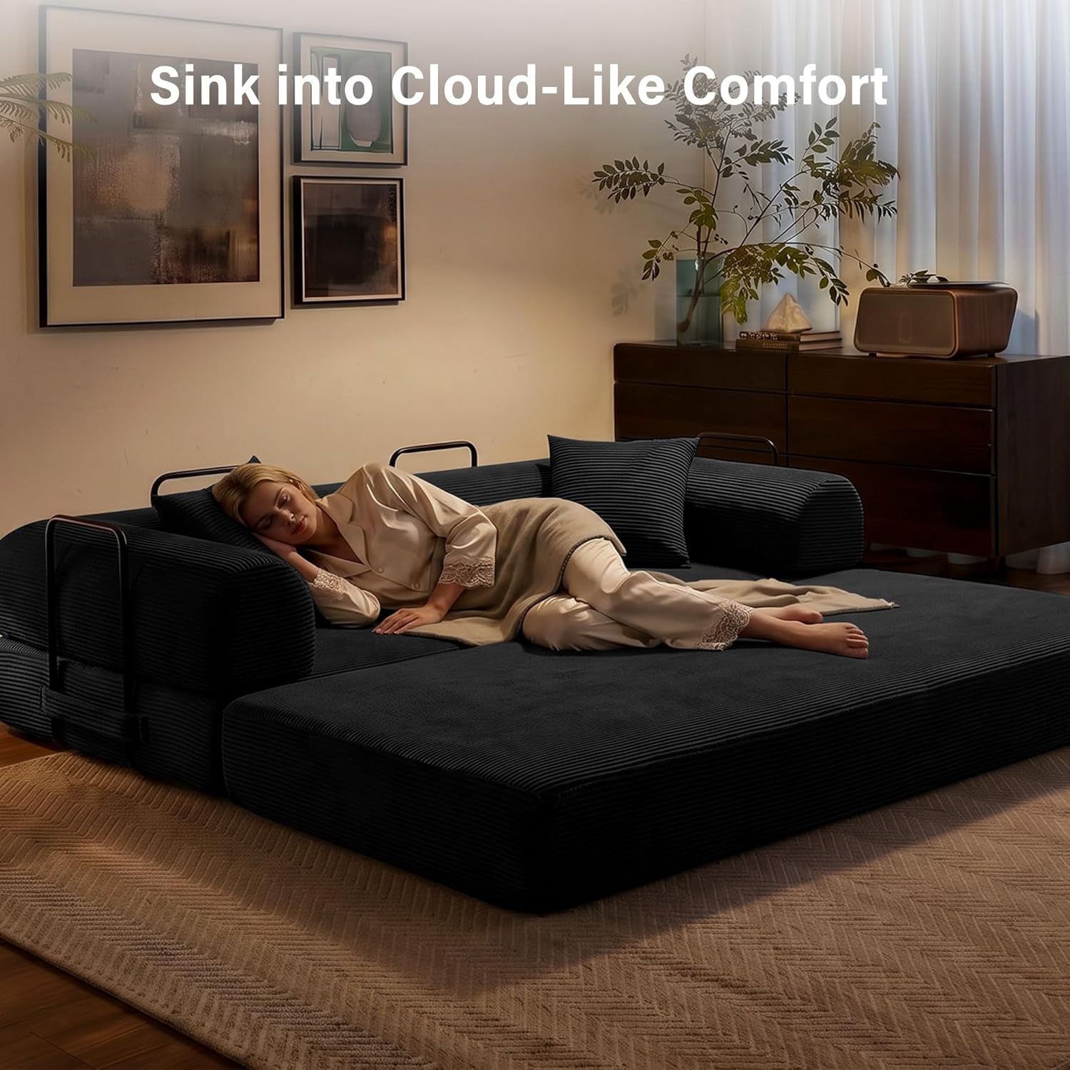 79' Convertible Sofa Bed, 5-in-1 Corduroy Boneless Couch Bed Sofa Pull Out, Memory Foam Couch, No Assembly Futon Couches for Living Room (Black)