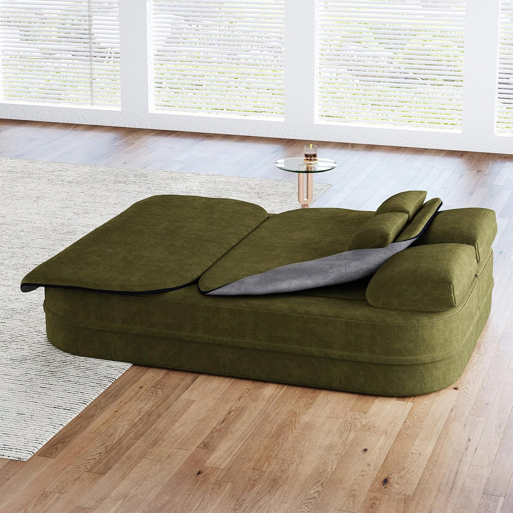 Antetek Convertible Sleeper Sofa, Modern Folding Futon Chenille Floor Foam Compression Loveseat Sofa Bed Couch, Foldable Full Size Guest Bed with 4 Pillows for Living Room Bedroom Apartment, Green