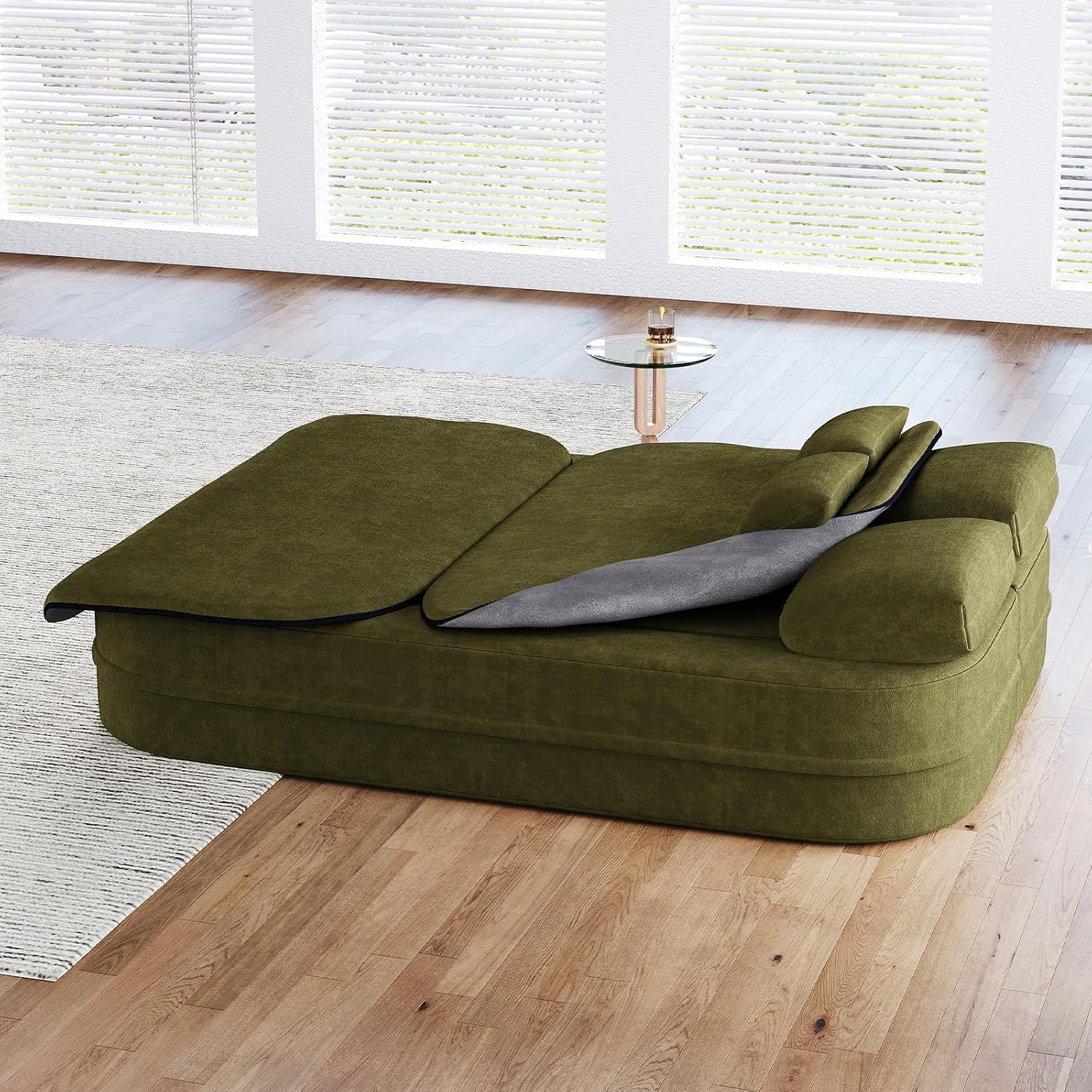 Antetek Convertible Sleeper Sofa, Modern Folding Futon Chenille Floor Foam Compression Loveseat Sofa Bed Couch, Foldable Full Size Guest Bed with 4 Pillows for Living Room Bedroom Apartment, Green