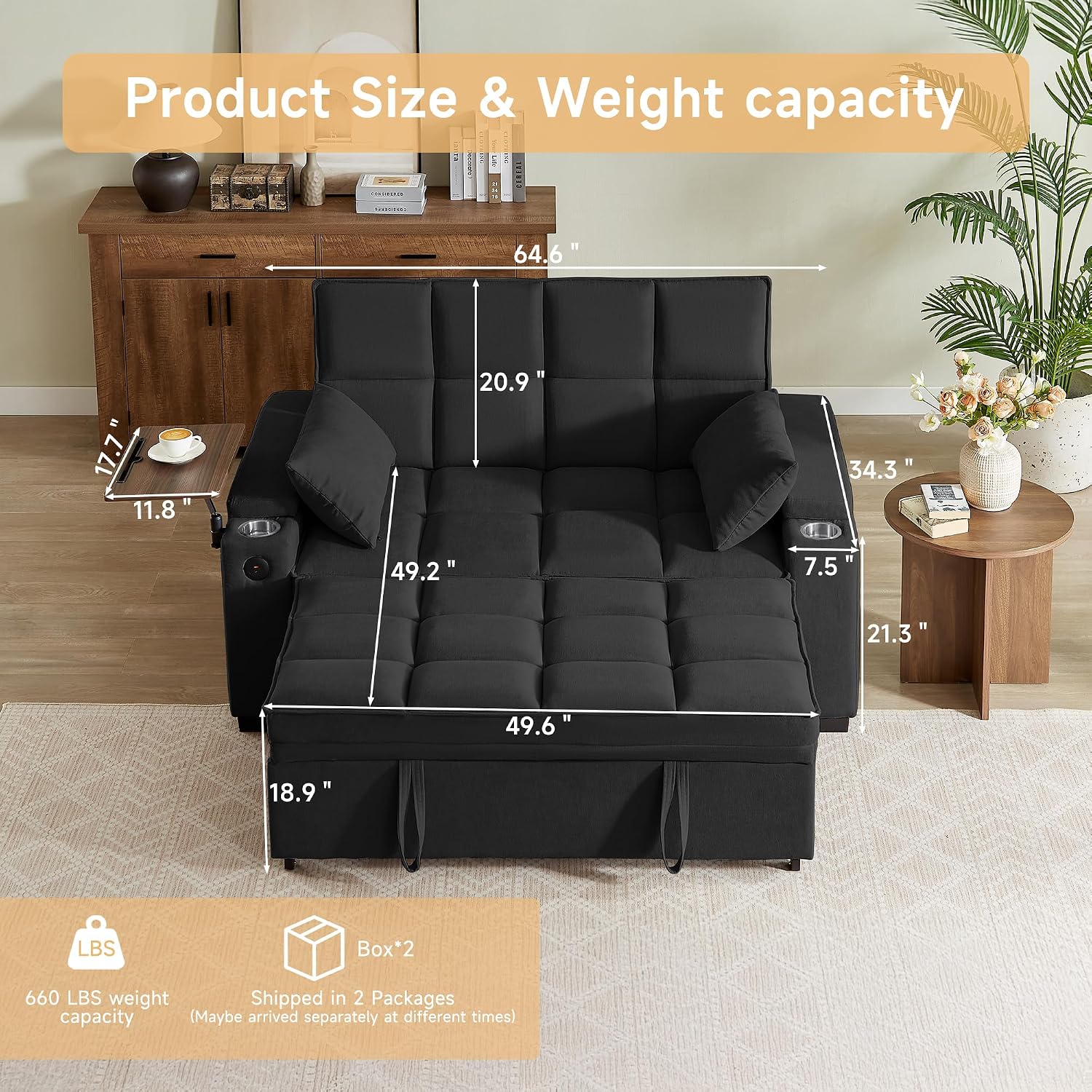 hansones 66' Multi-Functional Pull-Out Sofa Bed with Hidden Side Table, Storage Armrests, Built-in Charging Port, Spring Mattress, Solid Wood Frame – Ideal for Small Spaces, Easy Assembly