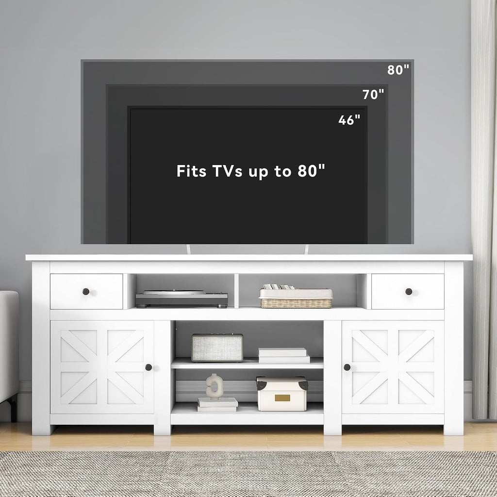 DWVO Farmhouse TV Stand for 75/80 Inches TVs, Entertainment Centers Furniture 30' Tall, TV Consoles with Storage Drawers & Power Outlet, Rustic TV Stands for Living Room, White