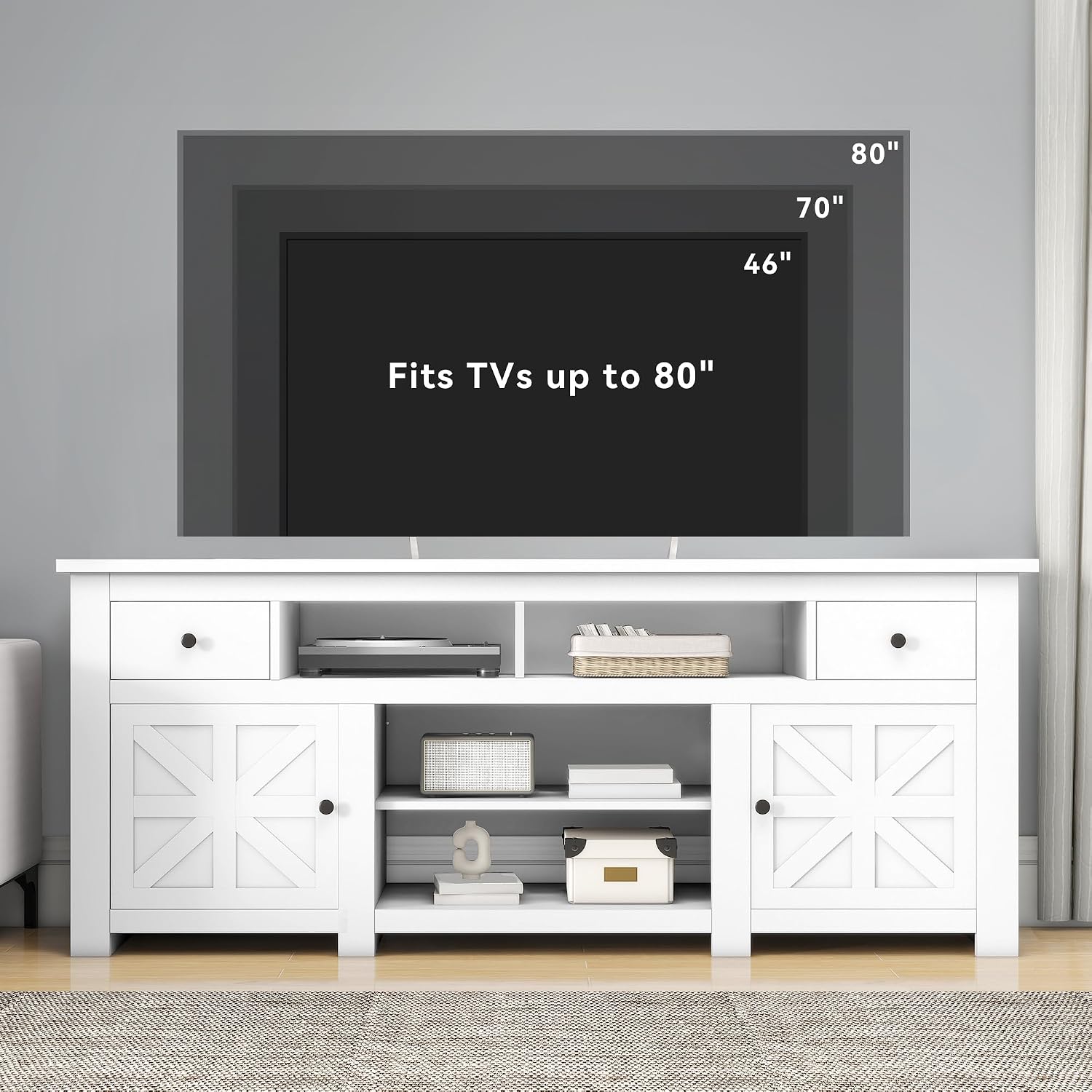 DWVO Farmhouse TV Stand for 75/80 Inches TVs, Entertainment Centers Furniture 30' Tall, TV Consoles with Storage Drawers & Power Outlet, Rustic TV Stands for Living Room, White