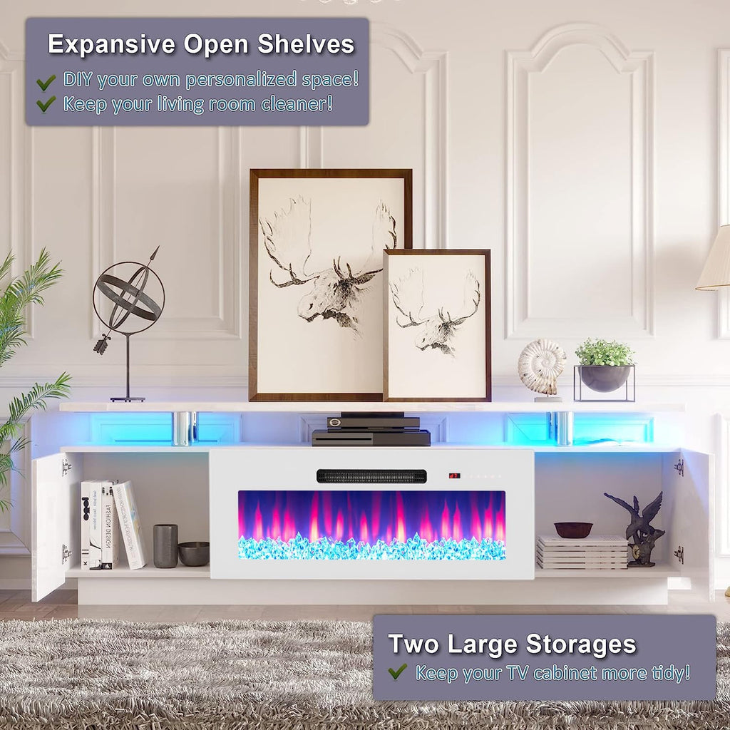 AMERLIFE Fireplace TV Stand with 36' Fireplace, 70' Modern Fireplace Entertainment Center LED Lights, 2 Tier TV Console Cabinet for TVs Up to 80', White & White