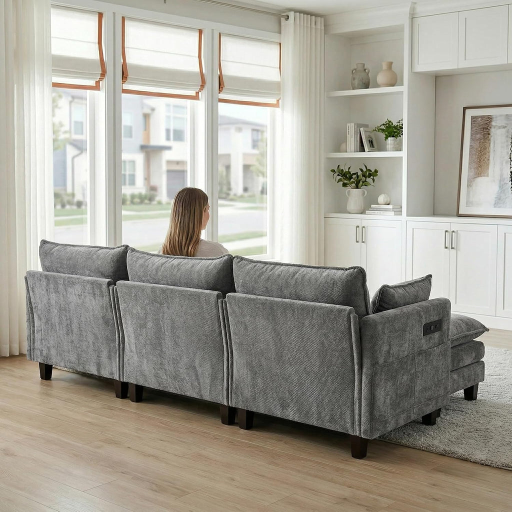 Eafurn Modular Sectional Sofa with Movable Ottomans for Living Room, 4 Seater Convertible U Shaped Sectional Couch Modern Reversible Chenille Sofa Set w/USB Ports and Side Pockets