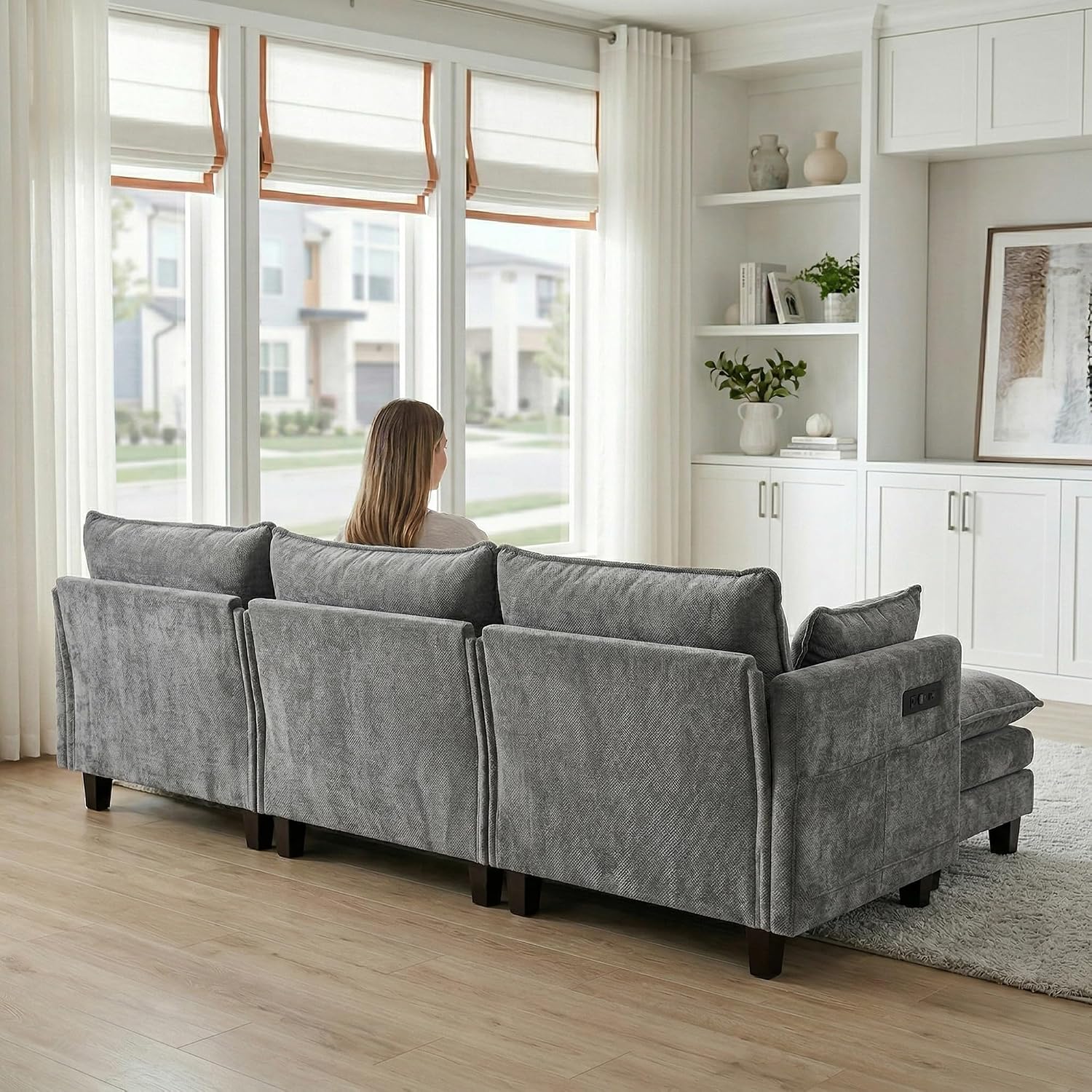Eafurn Modular Sectional Sofa with Movable Ottomans for Living Room, 4 Seater Convertible U Shaped Sectional Couch Modern Reversible Chenille Sofa Set w/USB Ports and Side Pockets