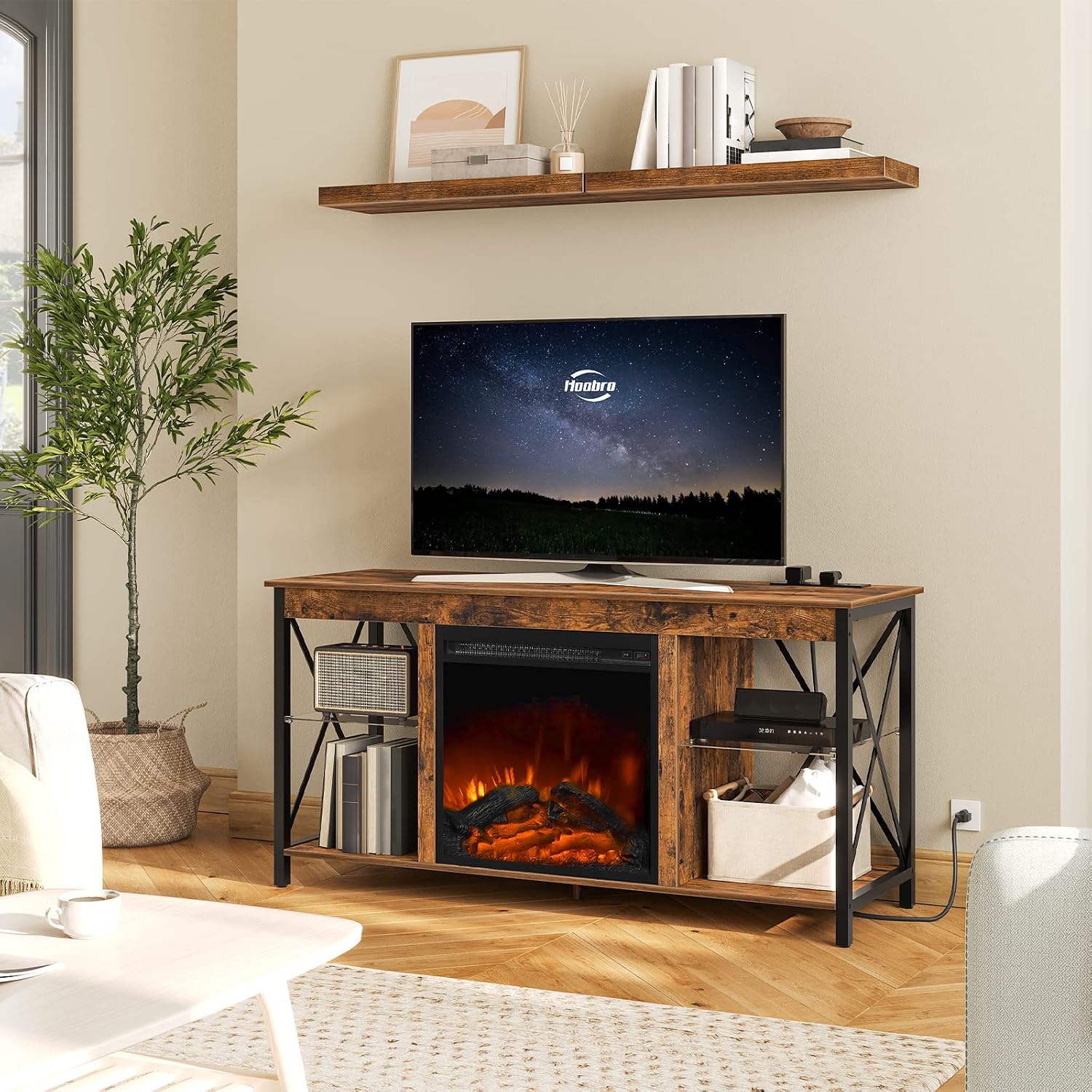 HOOBRO Fireplace TV Stand with Charging Station and LED Lights, TV Stand with Fireplace for TVs up to 55', Entertainment Center with Fireplace, Glass Shelves, Rustic Brown and Black BF120UDDS01