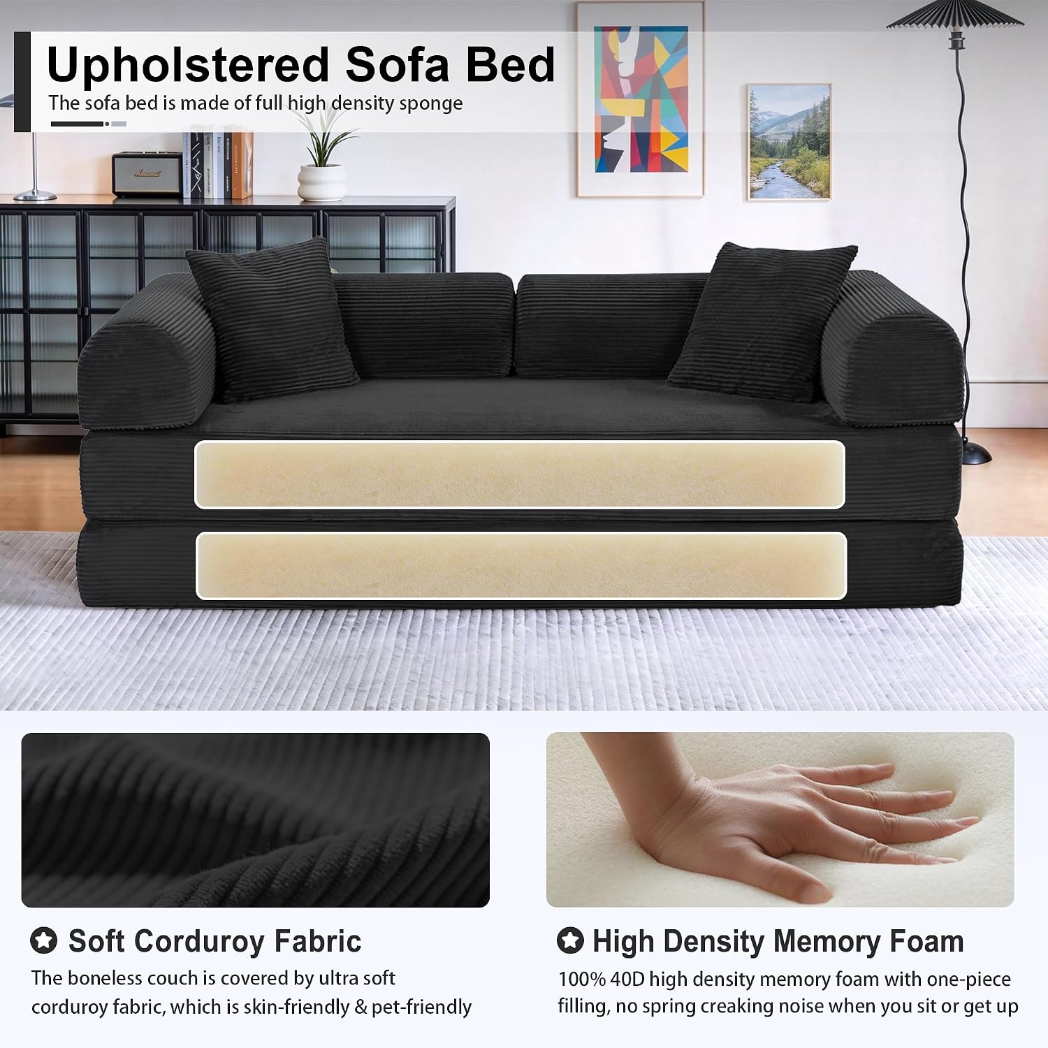 JJJ 78 inch Sofa Bed 4-in-1 Boneless Convertible Corduroy Sleeper Folding Couch with Fixed-Shape Frame and 2 Futons No Assemble Required 3 Seater Upholstered for Living Room (Black, 78 inch)