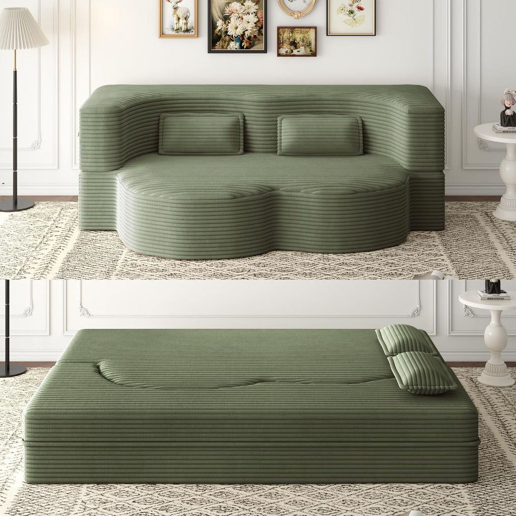 78' Futon Sofa Bed, 2-in-1 Foldable Floor Sleeper Sofa, Convertible Corduroy Curved Loveseat with 2 Pillows, Full Mattress Bed, Upholstered Boneless Couches for Living Room, Apartment, Green