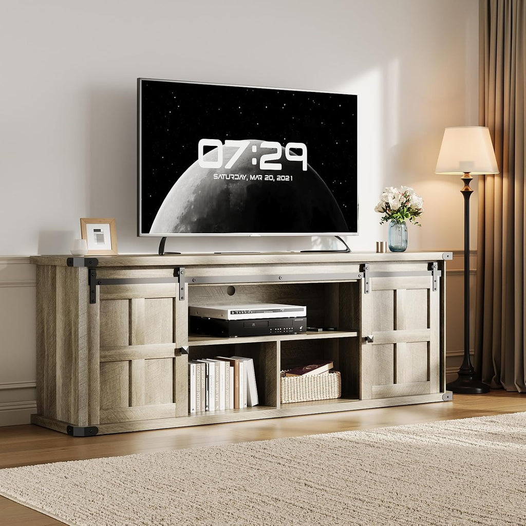 Garvee 70 in TV Stand for 75 in TVs, Farmhouse Entertainment Center and Media Furniture with Sliding Barn Doors & Storage Cabinets, Mid Century Modern TV Console Table for Living Room Bedroom