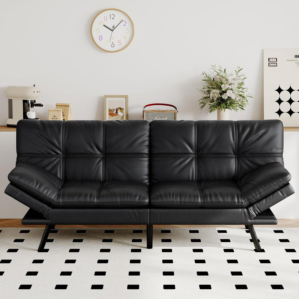 Futon Sofa Bed Convertible Couch, Black Faux Leather Sofa Bed with Memory Foam, Adjustable Backrest & Armrests, Multifunctional Small Loveseat Sleeper Sofa for Living Room, Apartment, Office