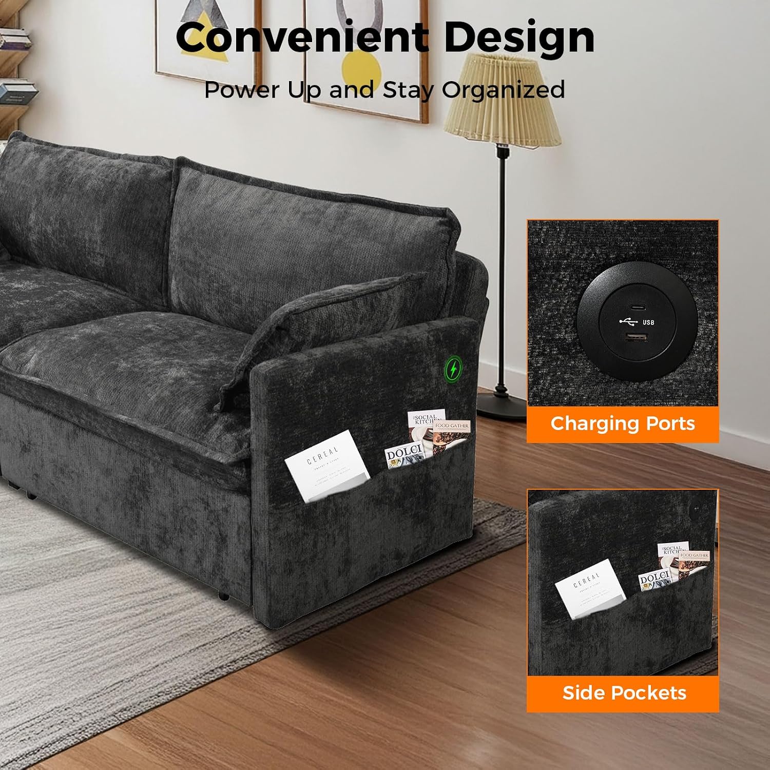 CAPCAEK 72' Futon Sofa Bed King Size, 3-in-1 Pull Out Couch Convertible Sleeper Sofa with USB Ports and Side Pocket, Modern Corduroy Loveseat Couch for Living Room,Small Space,Apartment,Bedroom,Black