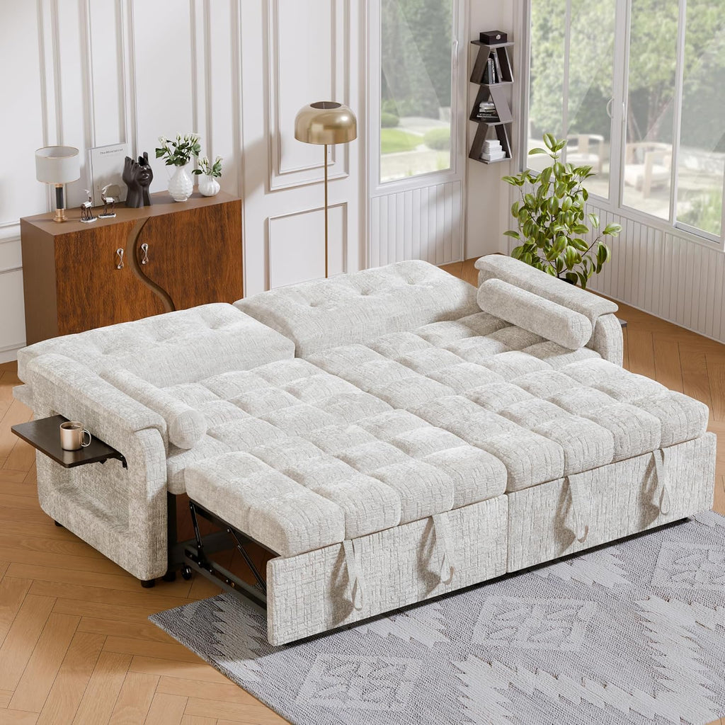 Convertible Sleeper Sofa Bed, 86 Inch Chenille Pull Out Couch with Side Table & Adjustable Backrest, Sectional Sleeper Sofa with Pull Out Bed for Living Room, Apartment, Beige