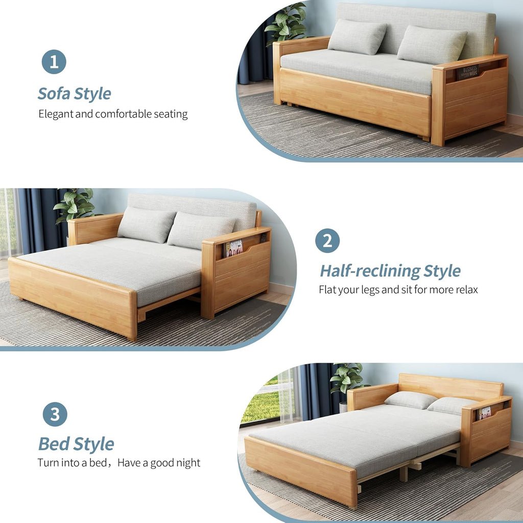 71'queen convertible sofa sleeper,grey cushion sectional sleeper with reversible chaise,wood couch bed 3 in 1 pull out sofa bed,log color sofa for livingroom,apartment,bedroom,office with storage