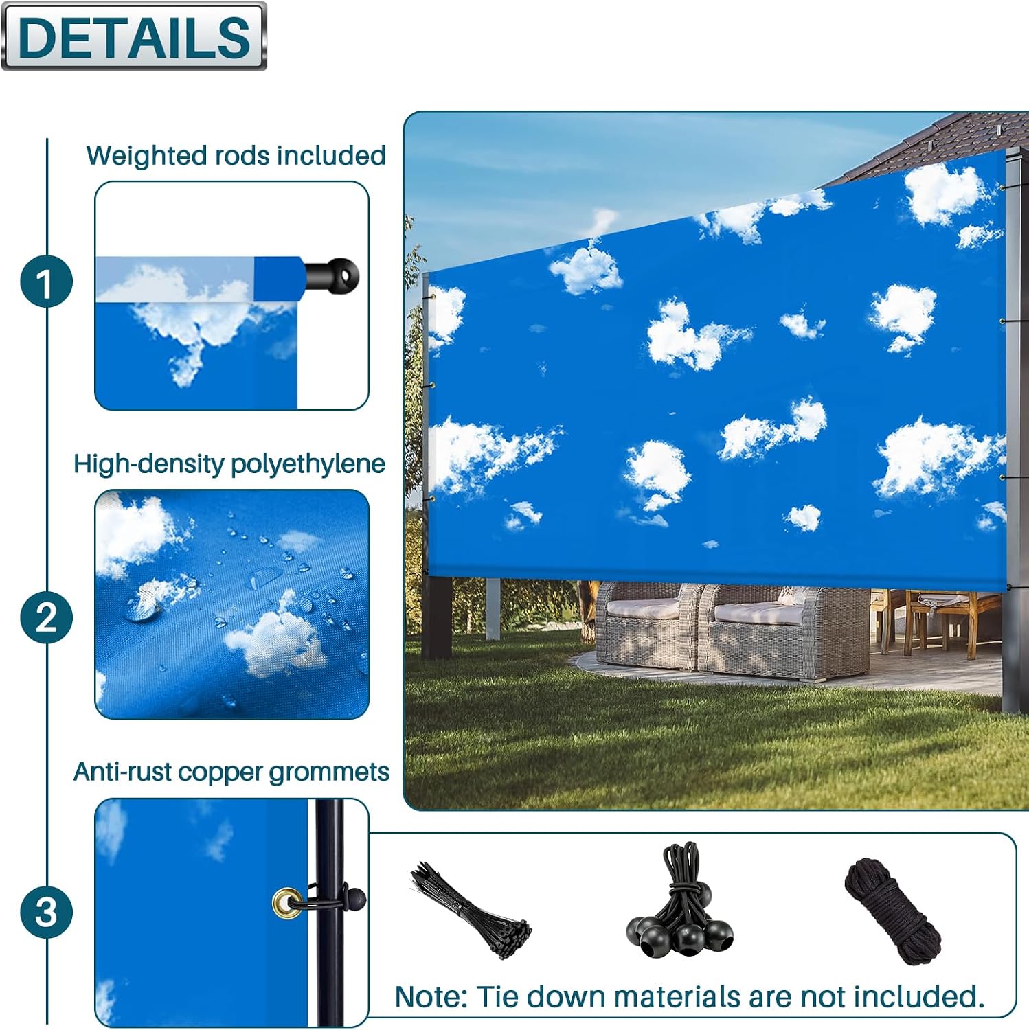 COARBOR 8' x 4' Pergola Replacement Shade Cover Polyester Canopy Universal Patio Privacy Shade Screen with Weighted Rods for Patio Deck Porch Backyard Gazebo Blue Sky