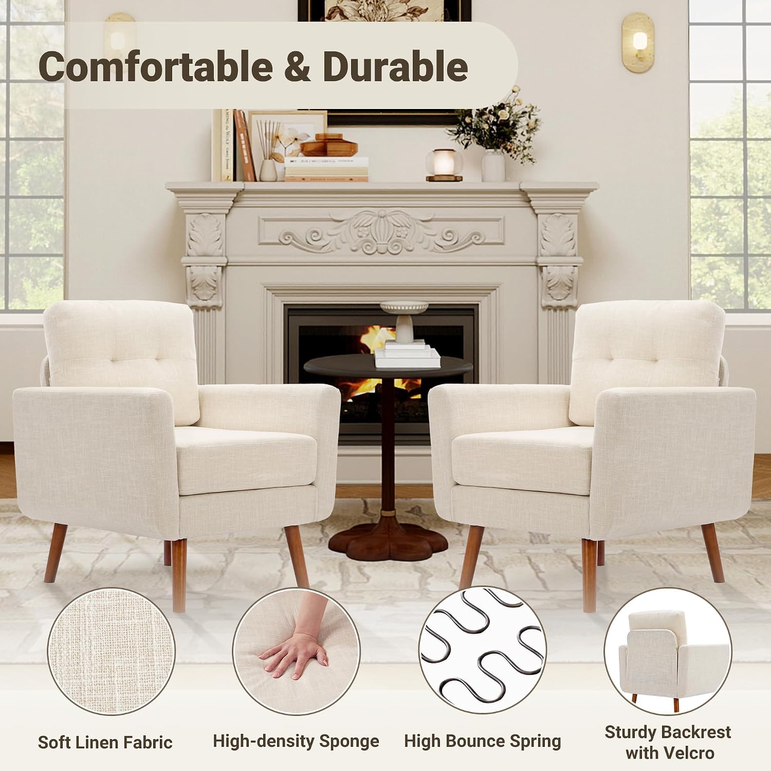 Tbfit Linen Fabric Single Sofa, Accent Chair, Mid Century Modern Armchair for Living Room, Bedroom Button Tufted Upholstered Comfy Reading Sofas, Beige