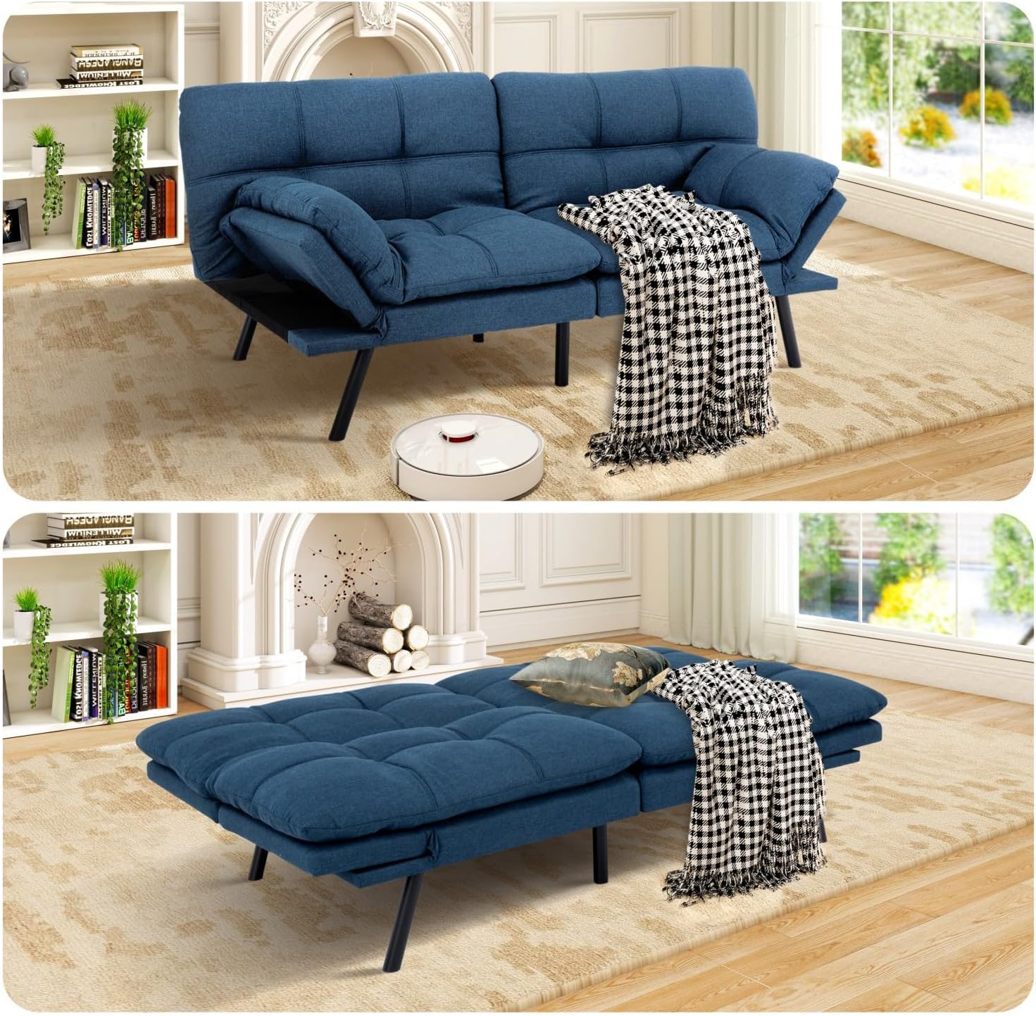 MUUEGM Futon Sofa Bed Memory Foam Navy Blue Futons Modern Office Couch Sleeper Bed Convertible Love seat Sofa for Small Spaces,Apartment,Office with Adjustable Armrest Backrest