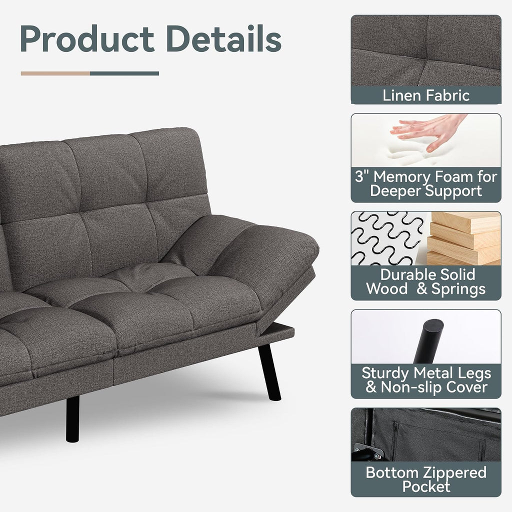 Futon Sofa Bed Convertible Couch, Grey Linen Sofa Bed with Memory Foam, Adjustable Backrest & Armrests, Multifunctional Small Loveseat Sleeper Sofa for Living Room, Apartment, Office
