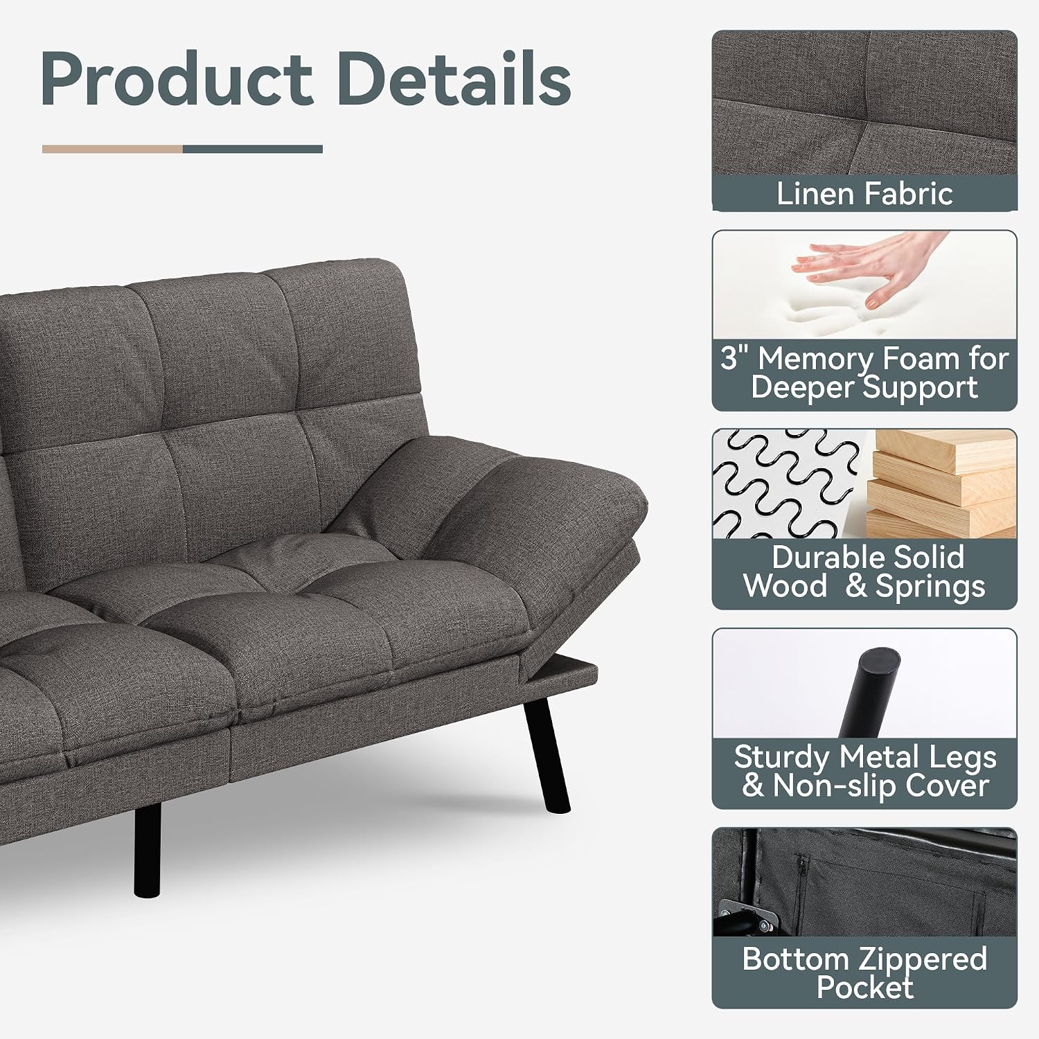Futon Sofa Bed Convertible Couch, Grey Linen Sofa Bed with Memory Foam, Adjustable Backrest & Armrests, Multifunctional Small Loveseat Sleeper Sofa for Living Room, Apartment, Office