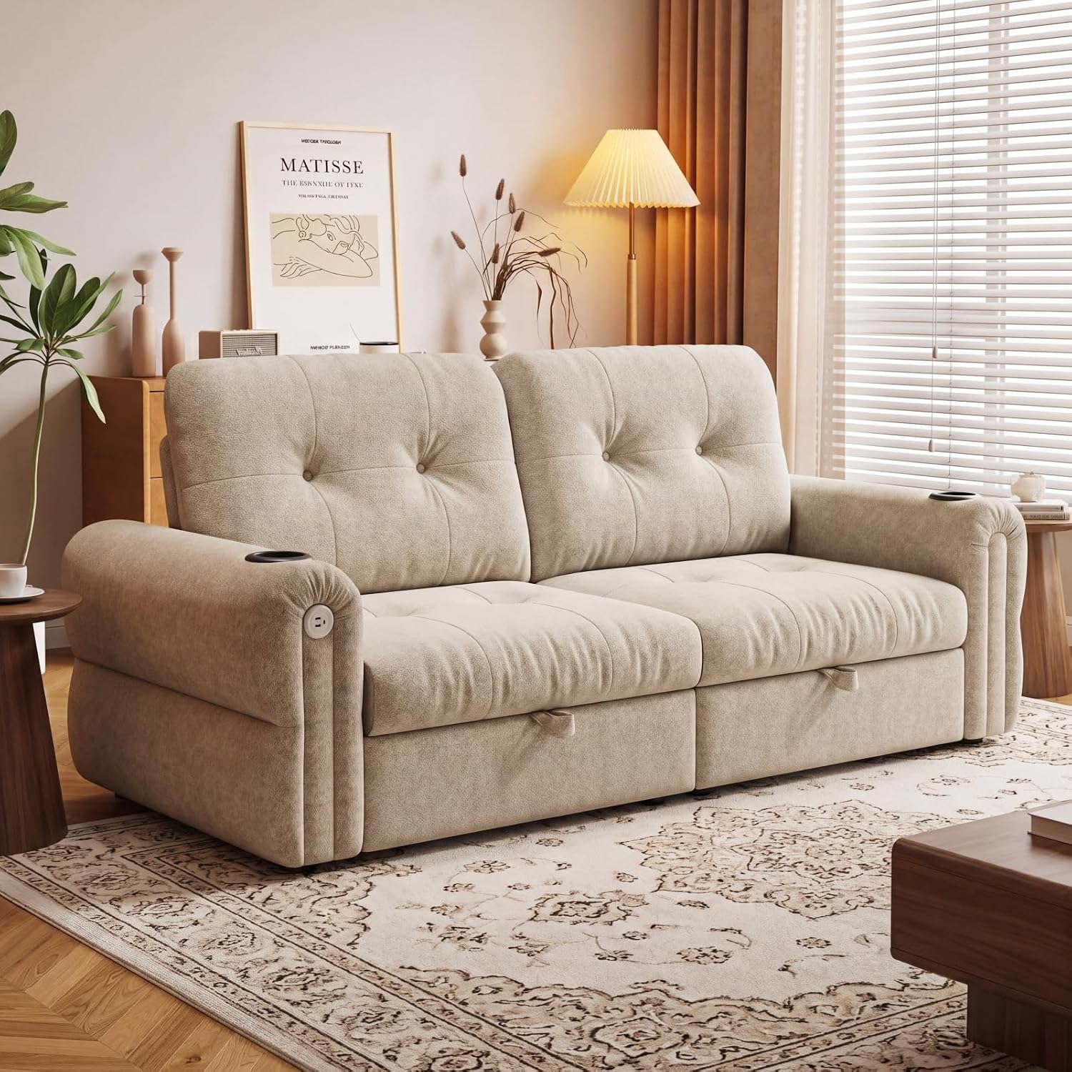 Convertible Couches, Queen Size Pull Out Sofa Bed with USB Charging Port and Cup Holders, Plannelette Fabric Convertible Sofa Bed for Small Space, Living Room, Apartment, Guest Room, Beige
