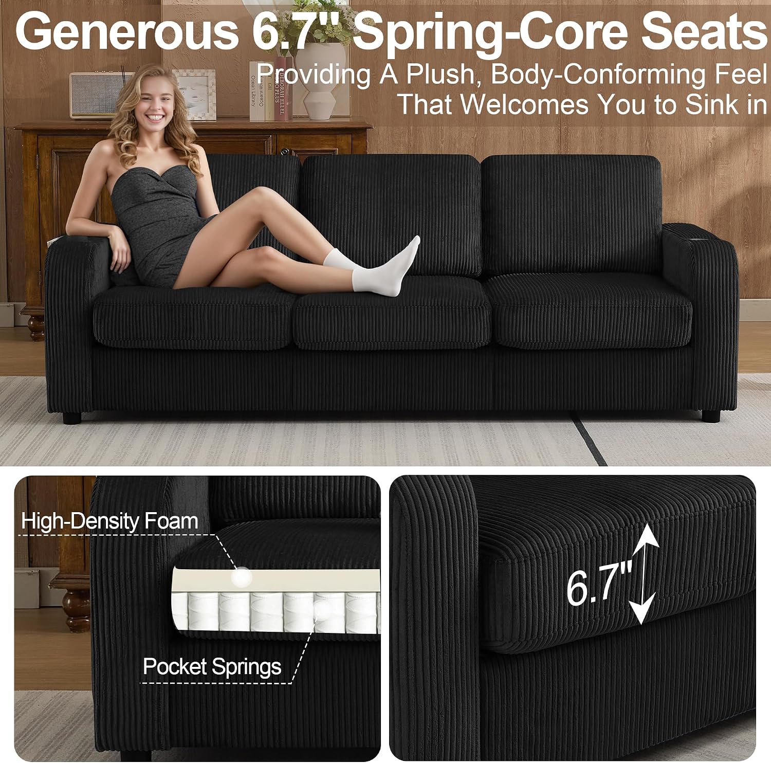 87.4' Oversized 3 Seater Couch, Upholstered Sofa for Living Room,Modern Deep Seat Comfy Loveseat Couches with Cup Holders,Corduroy Love Seat Sofa (Black)