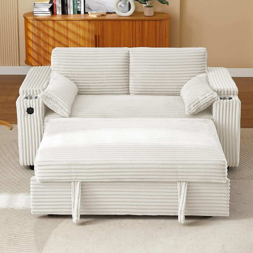 hansones 68.11' Corduroy Sleeper Chair Bed with USB Port, Cup Holders & Side Storage Pockets – 3-in-1 Foldable Sofa Bed for Guest Room, Living Room – White