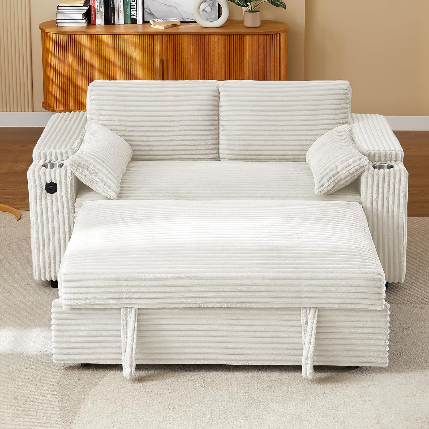 hansones 68.11' Corduroy Sleeper Chair Bed with USB Port, Cup Holders & Side Storage Pockets – 3-in-1 Foldable Sofa Bed for Guest Room, Living Room – White
