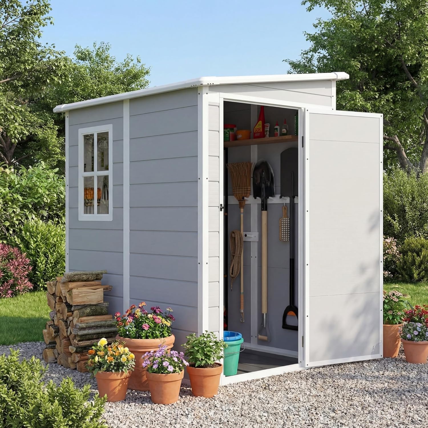 Devoko 5 x 4 FT Resin Outdoor Storage Shed with Floor, Plastic Tool Shed with Window, Outside Waterproof Garden Shed with Lockable Door for Patio, Lawn, Backyard, Poolside, Light Grey