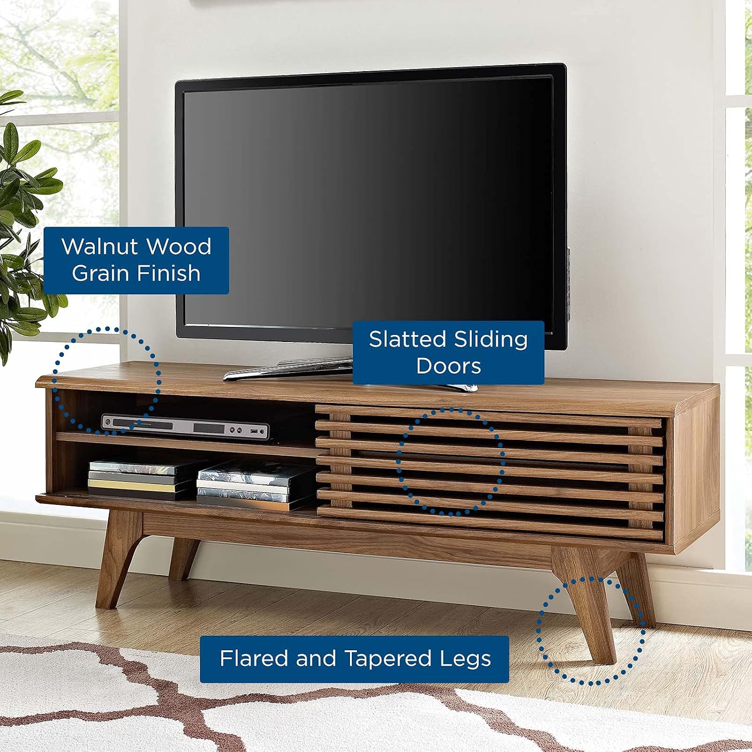 Modway Render 48' Mid-Century Modern Low Profile Media Console TV Stand, 48 Inch, Walnut