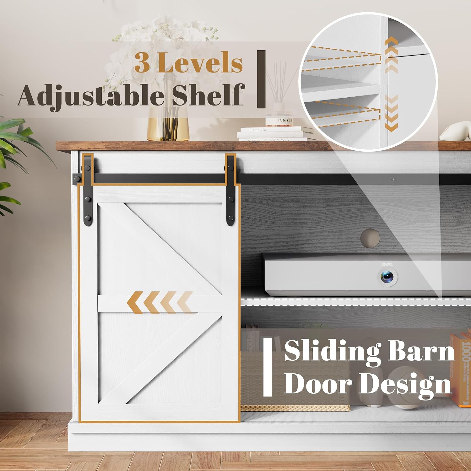 YESHOMY TV Stand for Televisions up to 65 Inchs, with Sliding Barn Doors and 4 Storage Drawers, Console Table and Media Furniture for Living Room, 58 Inch, Milk White