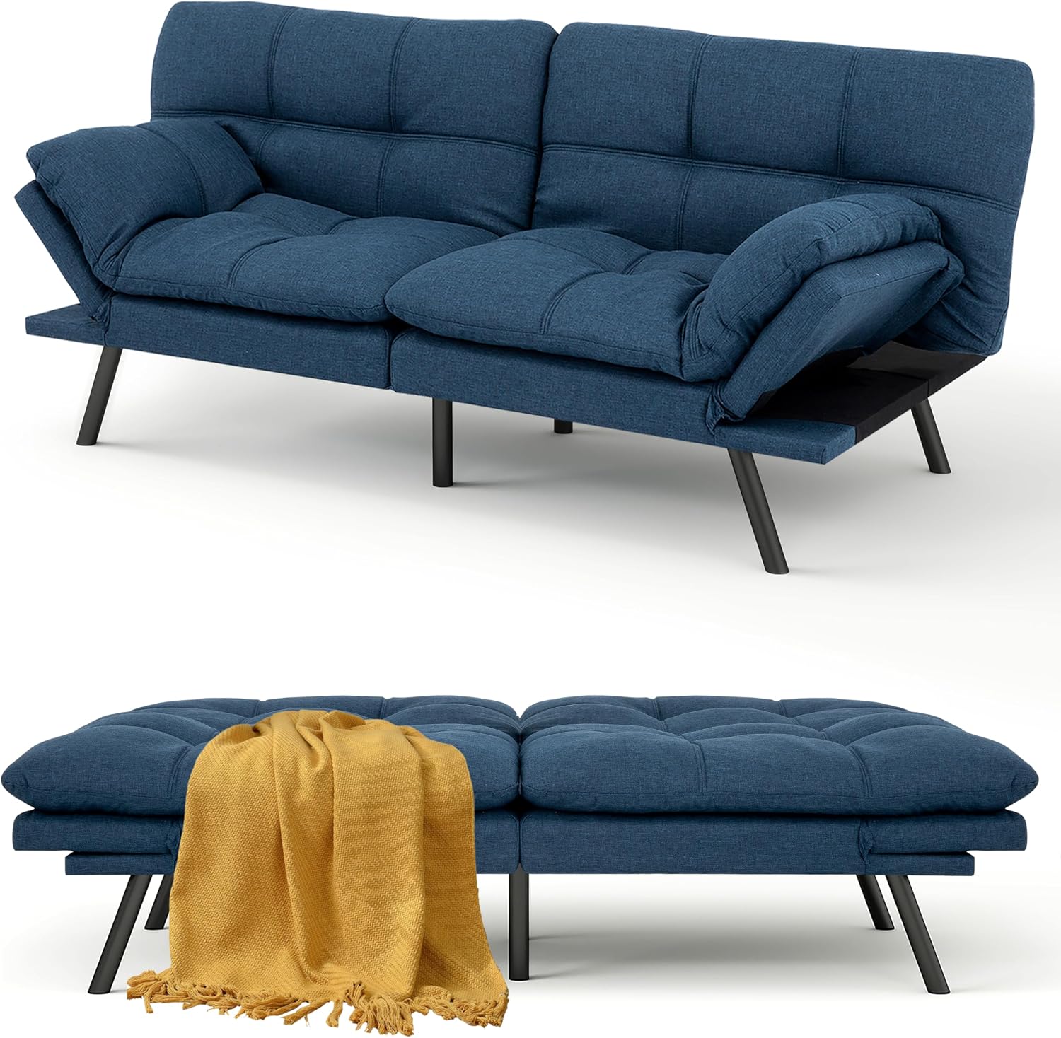 MUUEGM Futon Sofa Bed, 71' Comfortable Memory Foam Futon Sofa with Adjustable Backrest & Armrests,Convertible Folding Loveseat Recliner Sleeper Sofa Bed for Compact Living Room, Apartment, Office,Blue