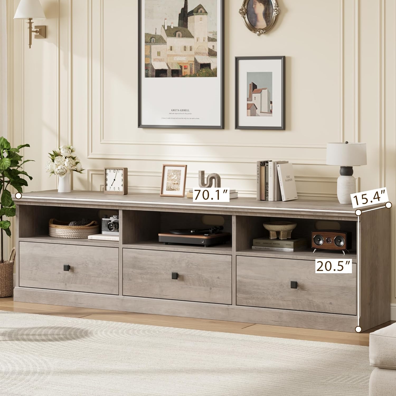 GarveeHome TV Stand for 65/70/75 in TV, Entertainment Center with Storage Drawer, Mid-Century Modern TV Console with Open Shelves, 70 in Media TV Cabinet for Living Room, Bedroom, Gray