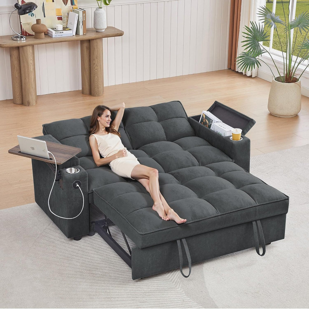 hansones 66' Multi-Functional Pull-Out Sofa Bed with Hidden Side Table, Storage Armrests, Built-in Charging Port, Spring Mattress, Solid Wood Frame – Ideal for Small Spaces, Easy Assembly