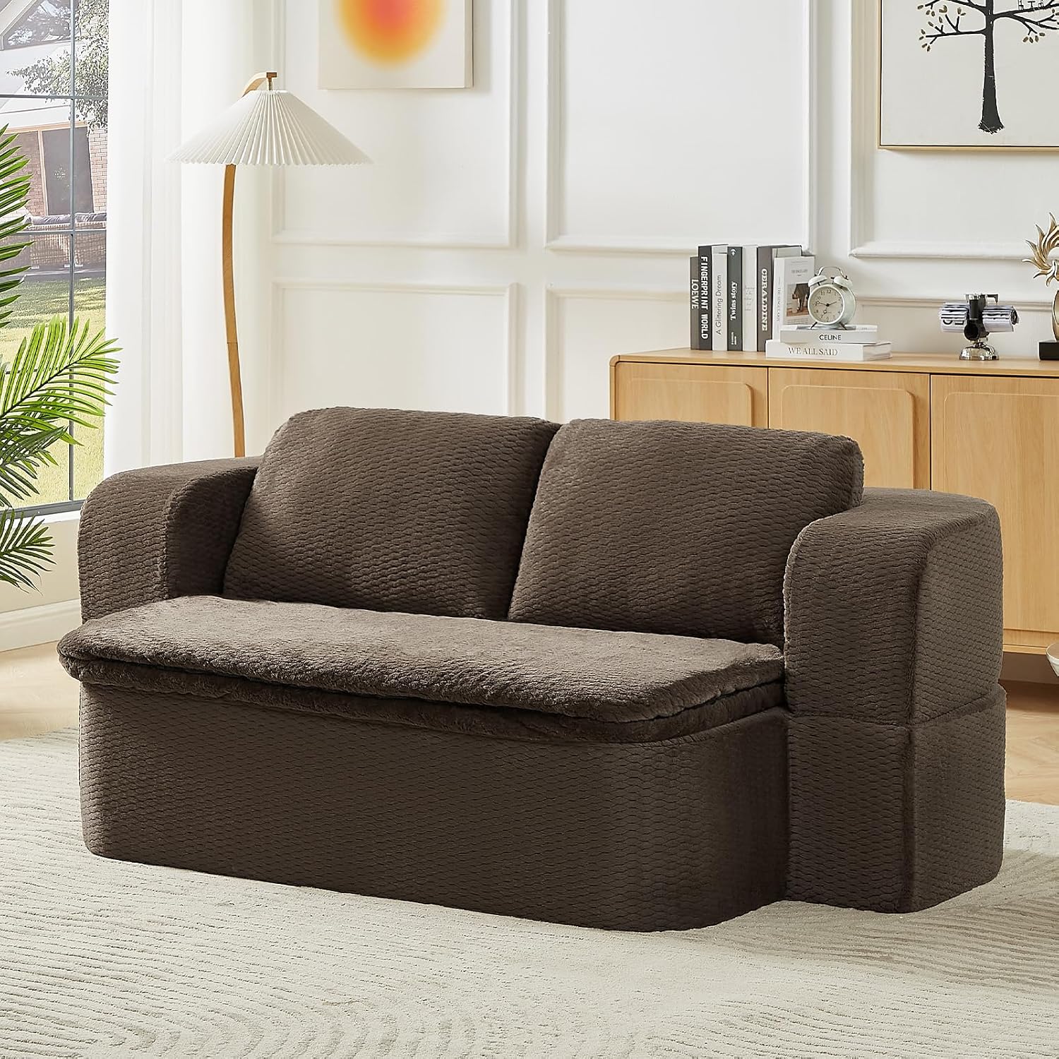 Futon Sofa Bed with Blanket, Convertible Folding Boneless Compressed Faux Fur Memory Foam Floor Loveseat Sleeper Sofa Couch Full Size Bed with Pillows for Guest Room Living Room Small Space, Brown