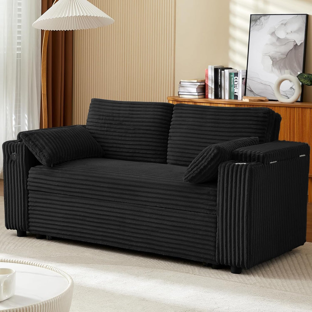 Convertible Corduroy Sofa Bed with USB Charging Port & Cup Holders, 68.11' Foldable Sleeper Chair with Armrests & Pillows, 3-in-1 Floor Futon for Living Room, Bedroom, Guest Room，Easy Assembly