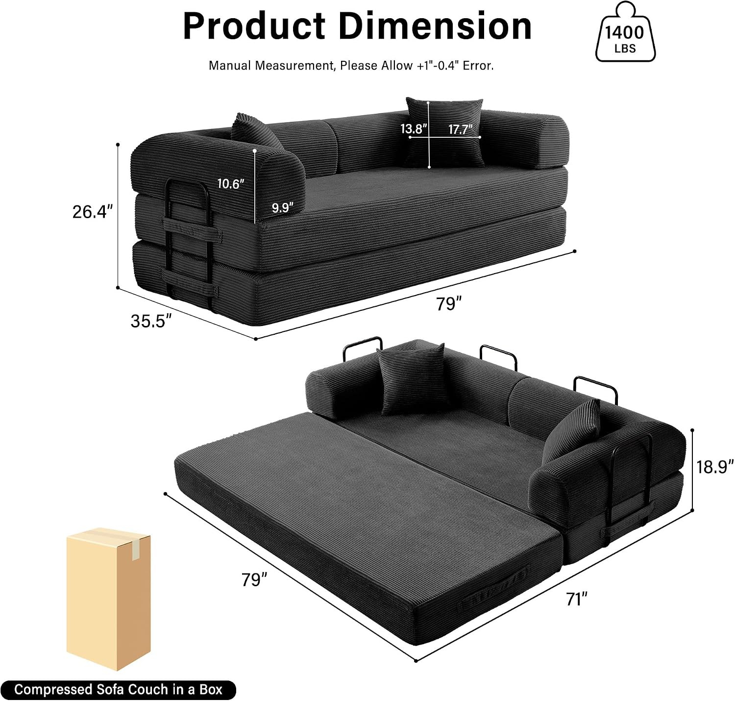 79' Convertible Sofa Bed, 5-in-1 Corduroy Boneless Couch Bed Sofa Pull Out, Memory Foam Couch, No Assembly Futon Couches for Living Room (Black)