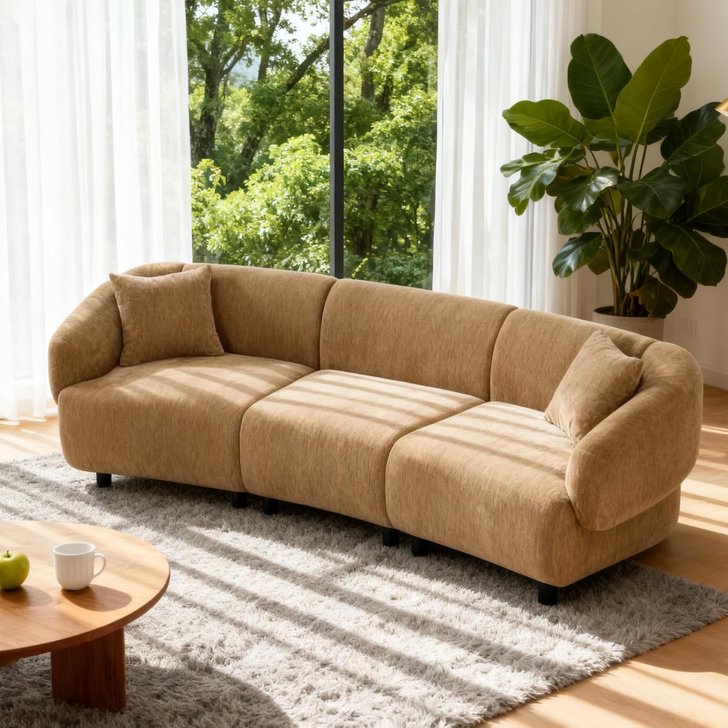 Christopher Knight Home Obito Boucle Upholstered 3-Seater Sofa, Modern Home Sofa Living Room, Wooden Large Upholstered Sofa Couch for Apartment/Home Office, Light Brown/Mocha