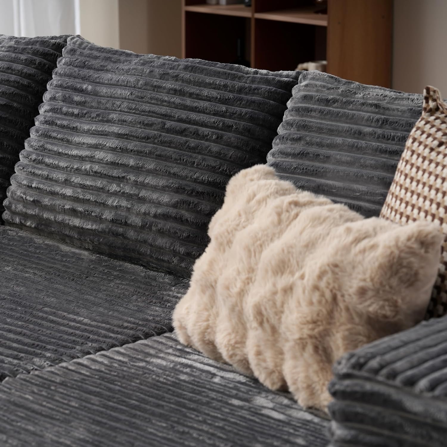 ovios 104' Cloud Boneless Couch with L-Shape Chaise,Modern Sectional Modular Sofa with Deep Seat, Upholstered Couches for Living Room Bedroom,No Assembly Required, Grey (Plush Corduroy Fabric)