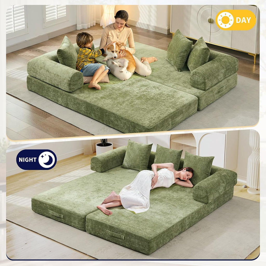 Deolme 3 in 1 Convertible Futon Sofa Bed, Modern King Size Chenille Loveseat Sleeper Sofa Folding, 3-Seater Foldable Lounger Couch Bed for Living Room, Bedroom Guest Room (Green, 3 Throw Pillows)