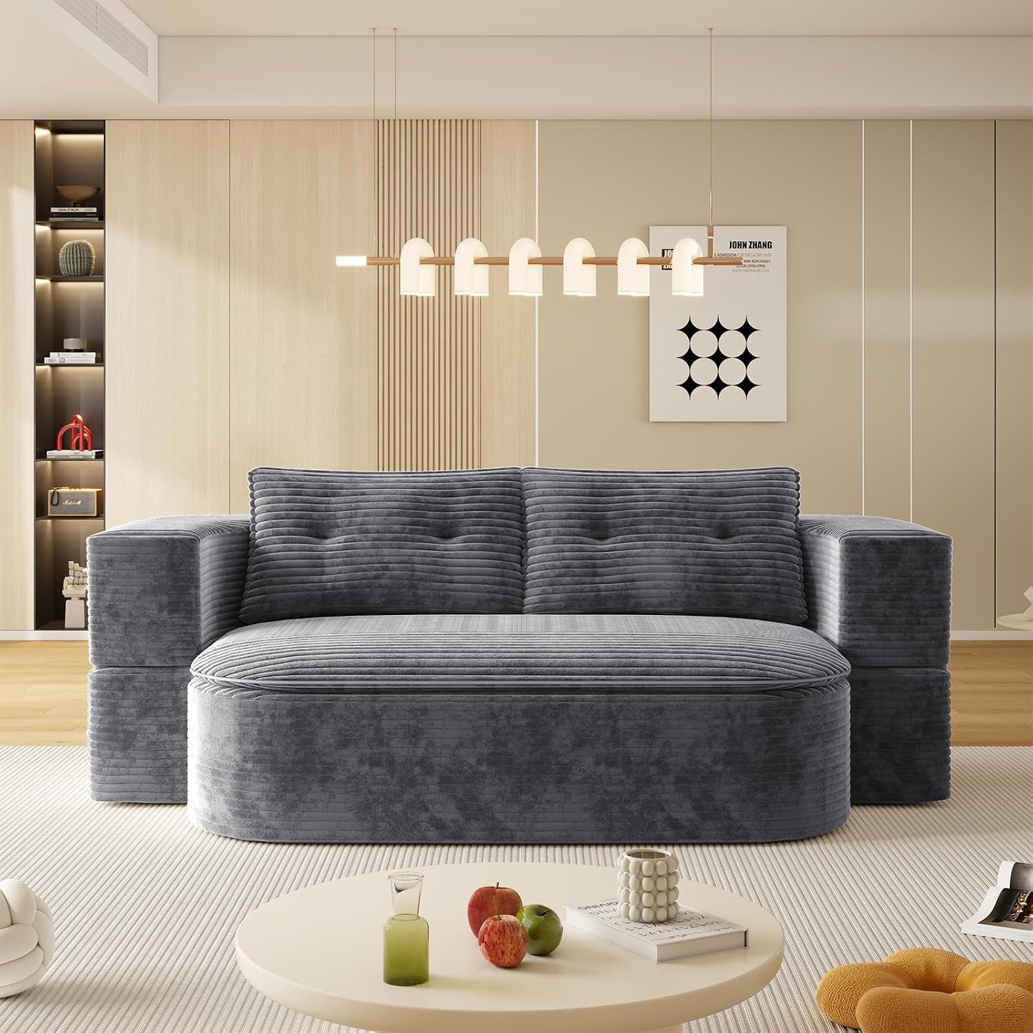 Convertible Sleeper Sofa, Modern 78-inch Folding Futon Corduroy Floor Foam Compression Loveseat Sofa Bed Couch, Foldable Full Size Guest Bed with 2 Pillows for Living Room Bedroom Apartment, Dark Grey