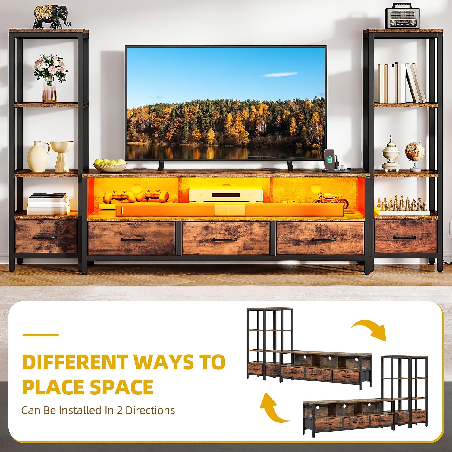 DWVO Entertainment Center with Bookshelves, LED TV Stand for 65/60 inch TV, Retro TV Stand for Living Room with 2 Industrial 4-Tier Bookshelves & Power Outlets,Rustic Brown