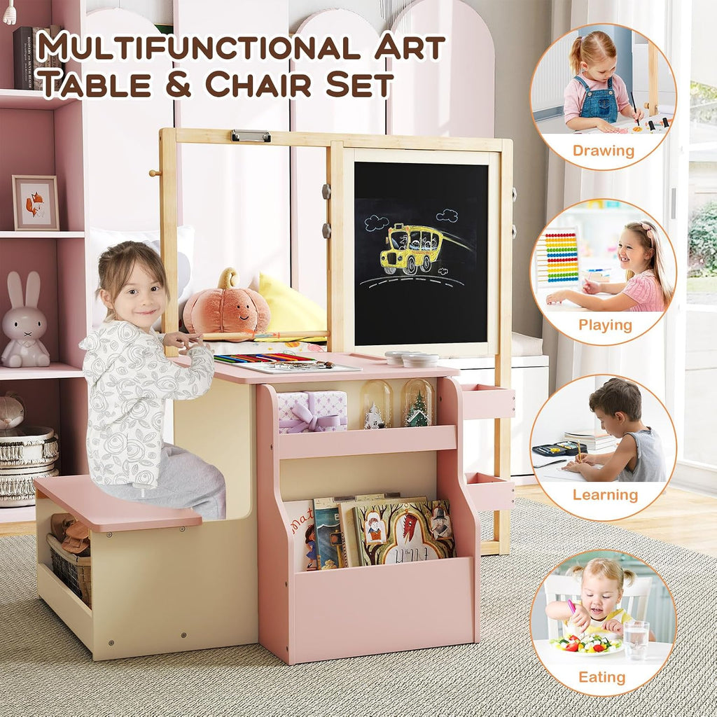 HONEY JOY Kids Art Easel, 6-in-1 Wooden Double-Sided Toddler Table & Chair Set w/Adjustable Magnetic White Board & Chalkboard, Paper Roll, Bookshelf, Storage, Toddler Easel for Kids (Pink)