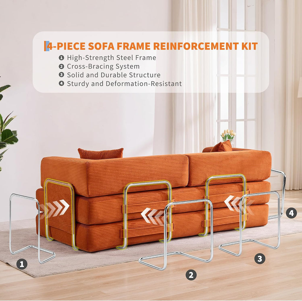 Garvee 5-in-1 Convertible Sofa Bed, 78.8' Modular Corduroy Sleeper with Sturdy Frame & No Assembly, Multi-Functional Futon for Small Space, Living Room & Guest Room (Green) (Orange)
