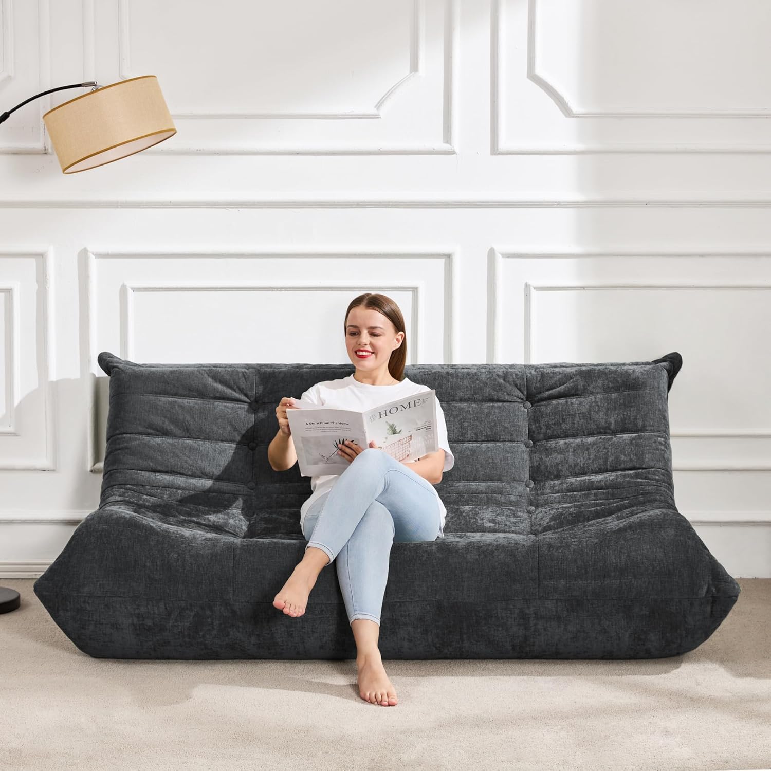 Bean Bag Chairs for Adults Giant Bean Bag Chair Memory Foam BeanBag Chair Bean Bag Sofa with Filler Faux Fur Fireside Beanbags Lazy Sofa for Living Room Bedroom Office (Darkgrey Chenille, 3-Seater)