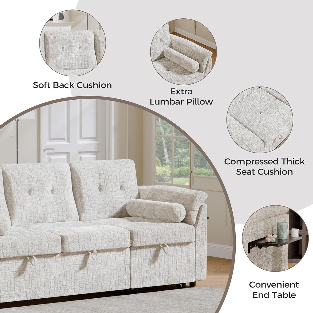 Convertible Sleeper Sofa Bed, 63 Inch Chenille Pull Out Couch with Side Table & Adjustable Backrest, Sectional Sleeper Sofa with Pull Out Bed for Living Room, Apartment, Beige