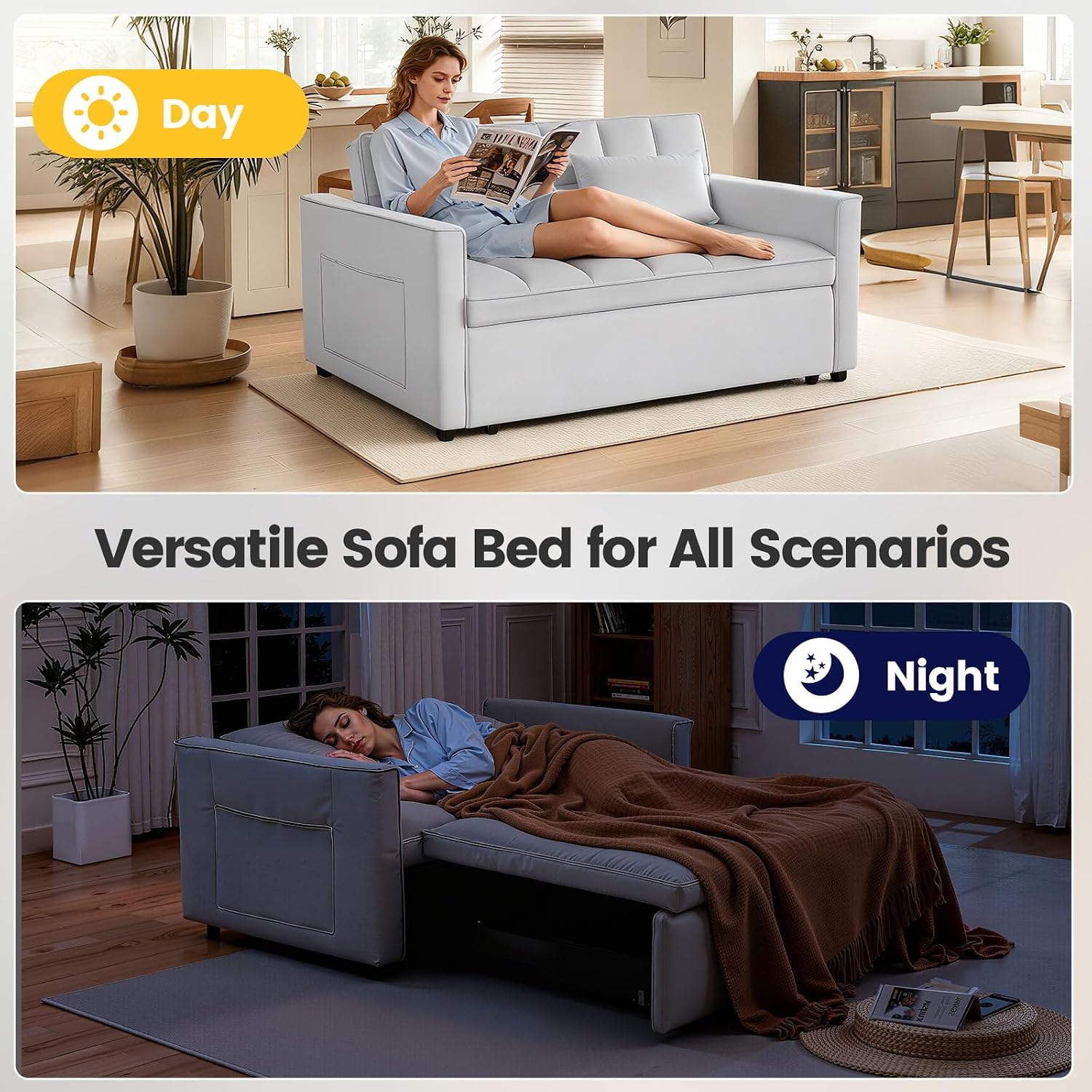 3 in 1 Convertible Sofa Bed, Love Seat Sleeper Bed with Side Pockets, Velvet Fabric Pull Out Couch with Adjustable Backrest for Living Room, Bedroom, Apartment, Gray