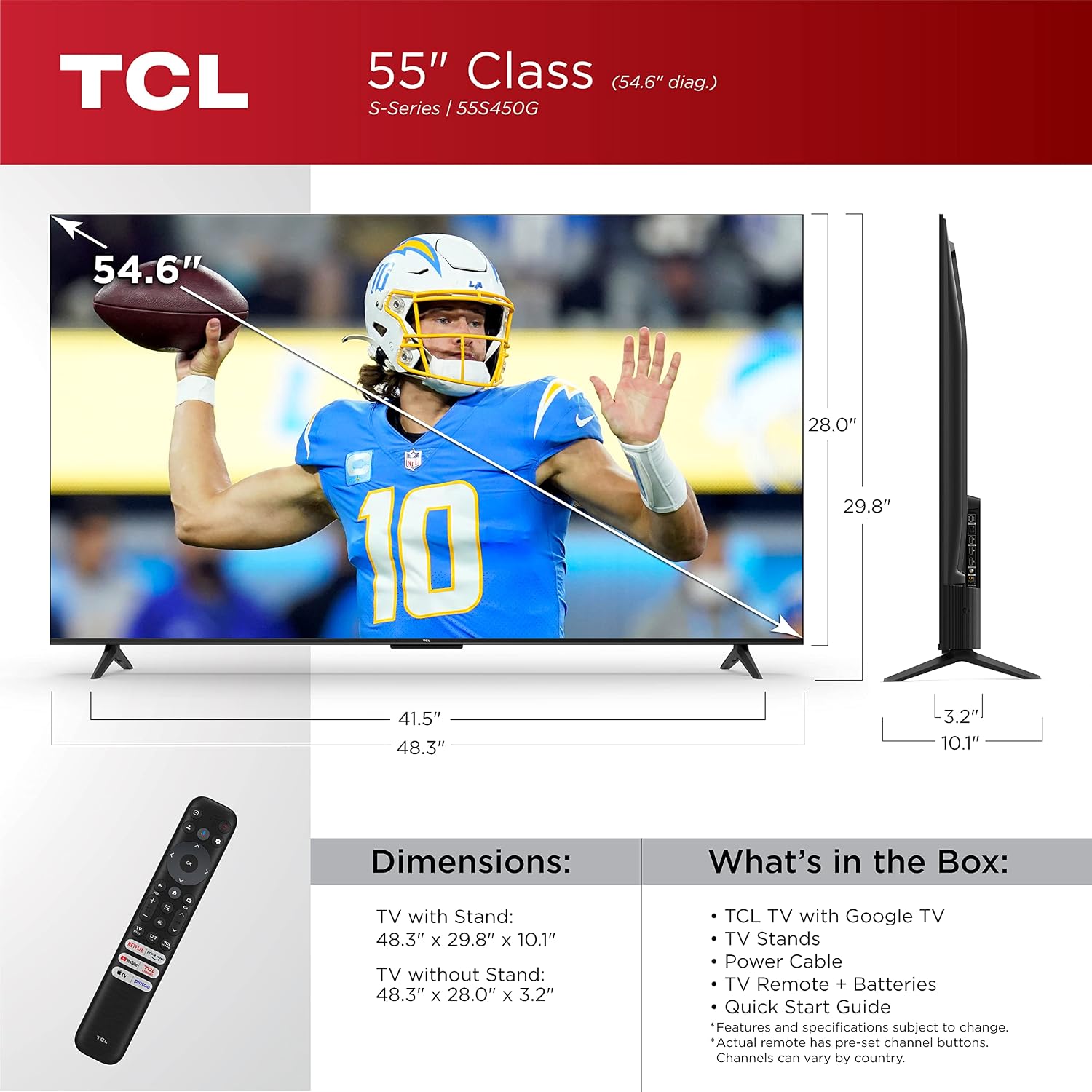 TCL 55-Inch Class S4 4K LED Smart TV with Google (55S450G, 2023 Model), Dolby Vision, HDR Pro, Atmos, Assistant Built-in Voice Remote, Works Alexa, Streaming UHD Television