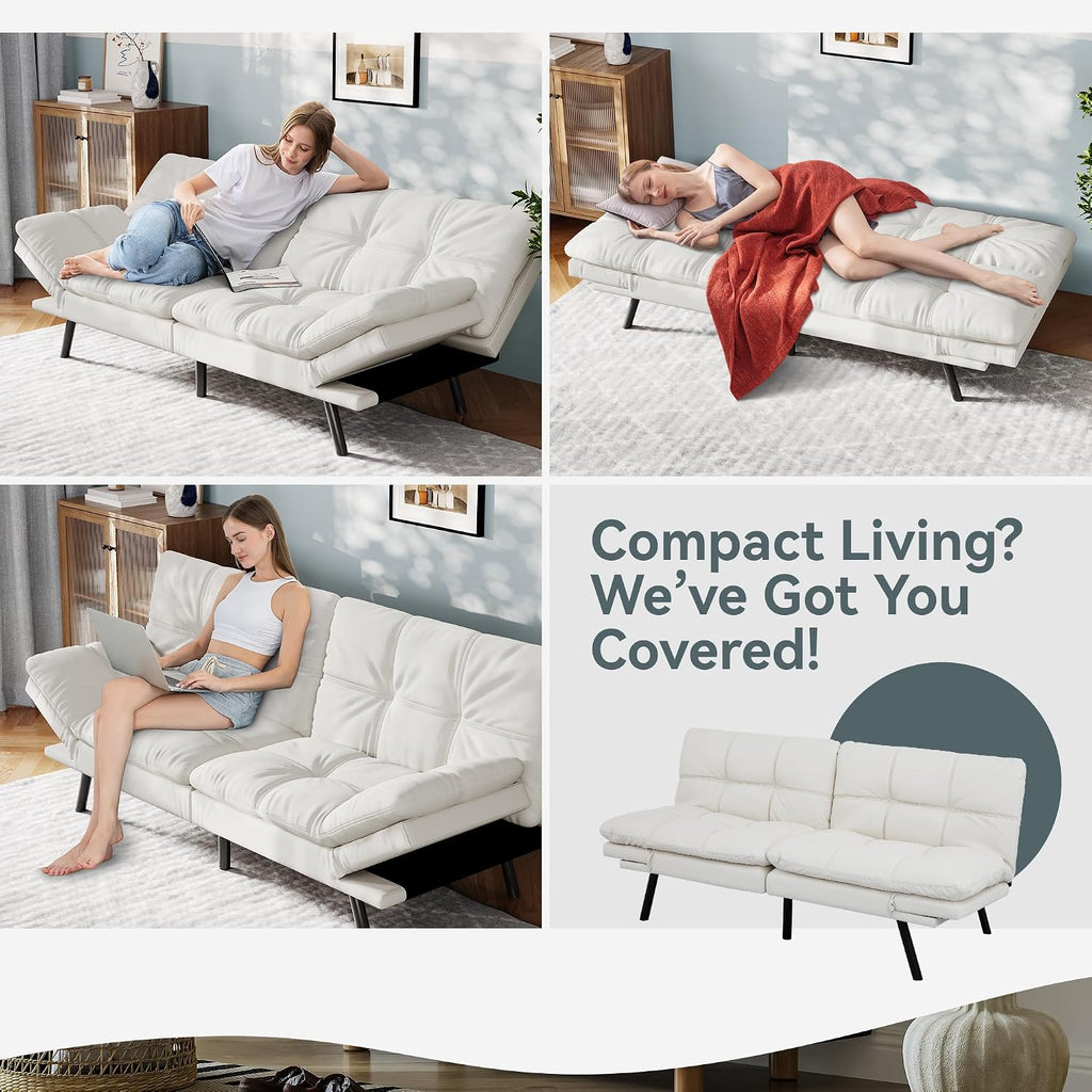 Vyfipt Convertible Futon Sofa Bed, White Faux Leather Futon Couch with Adjustable Backrest & Armrests, Folding Small Recliner Sleeper Sofa Bed for Living Room, Apartment, Office